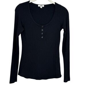 LNA Shirt Womens Small Black Ribbed Long Sleeve Henley Scoop Neck Modal Made USA